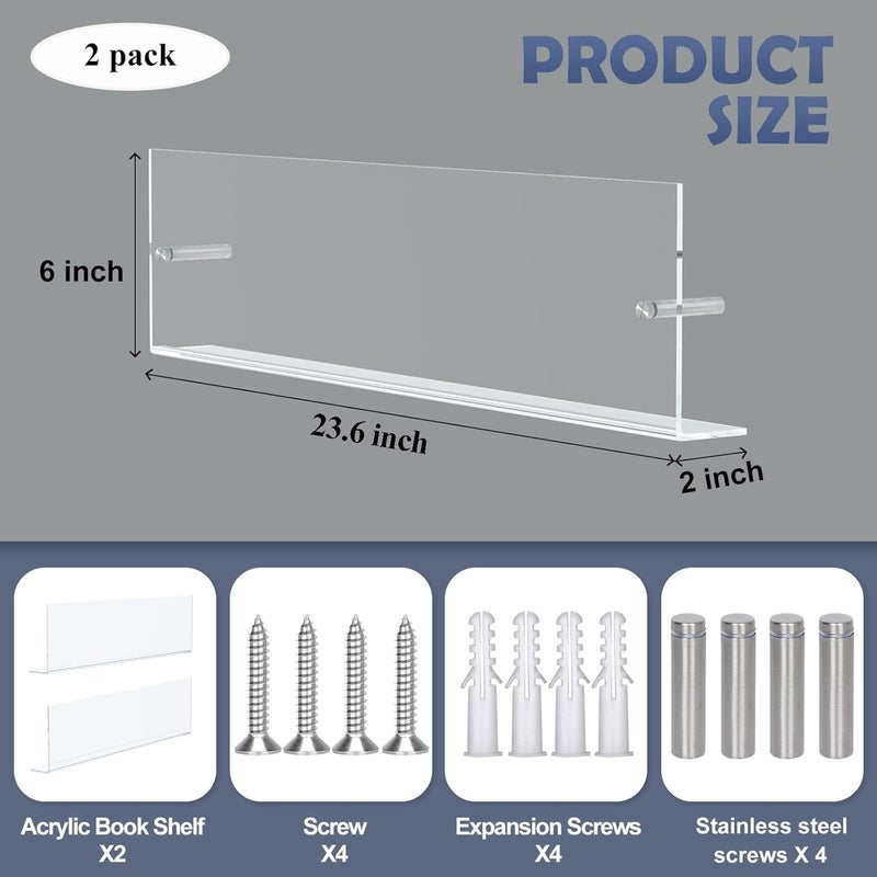 DuvinDD 2 Pack Acrylic Magazine Holder Rack Brochure Holder Wall Mount 24 inch Clear Hanging Magazine Rack Floating Bookshelf for Literature Pamphlet Organizer for Room Office, with Mounting Kit - Image 2